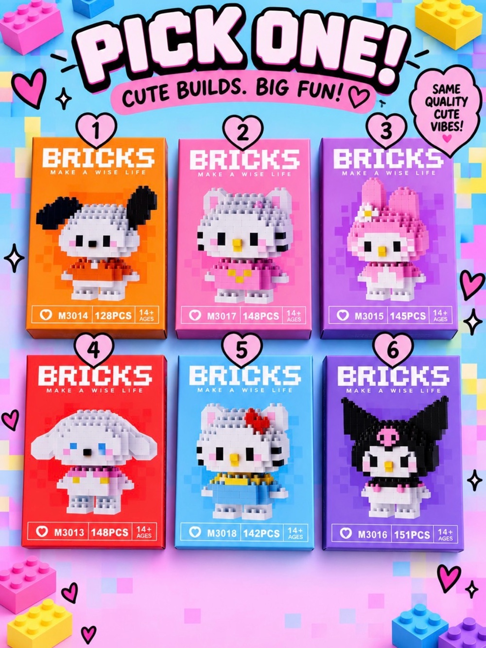 BRICKS Cute Builds Kids Toy - Pink Character Building Set